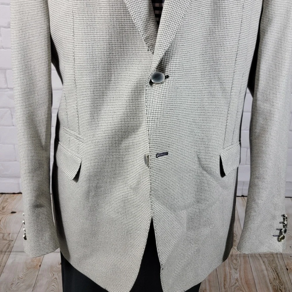 Maceoo Men's Blazer Bethoven Grid White‎ Two Button Checked Poly Blend Size 48L
